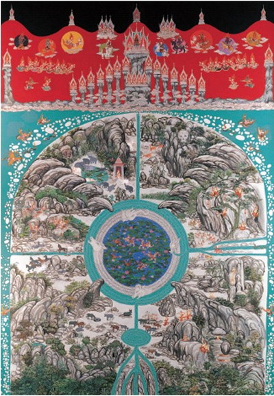 ปรีชา เถาทอง, “ป่าหิมพานต์ กลางคืน” ปี 2547, สีอะคริลิคบนผ้าใบ 270x300 ซม.