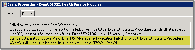 Thoughts On Azure, Oms & Scom: Eventid 31565: Invalid Column Name  'Tfsworkitemid'