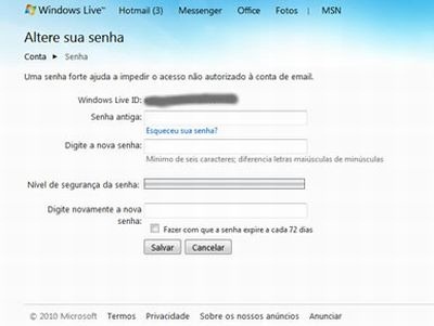 Senha do MSN, como trocar 2