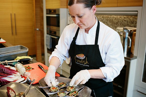 Chef Vanessa Scanes of Foodish places the Vegetable twirls on a Griffin Blueprint dish by MAKEOUT design. HerCanberraDinner073.jpg