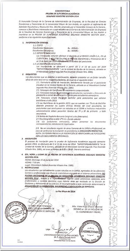 Administración de empresas de la UMSA: Convocatoria para Prueba de Suficiencia Académica 2014