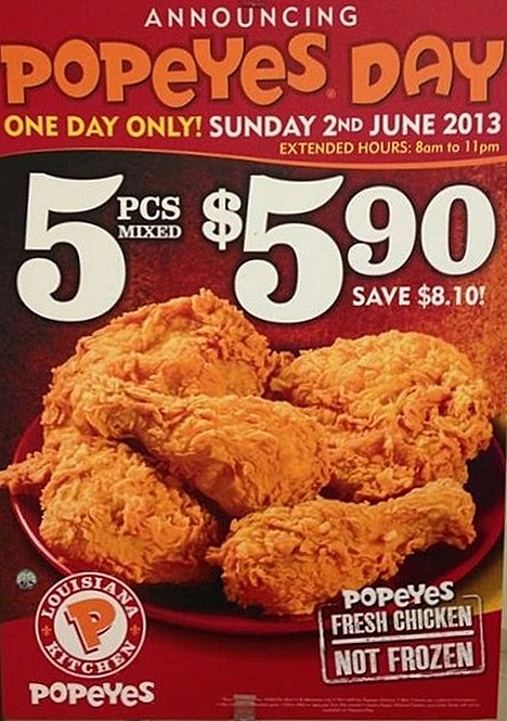 Popeyes Chicken offer Day 5 for 5.90 Orchard Xchange,  Singapore Changi Airport Terminal 3 Bugis Street The Cathy, Square 2, 313 somerset Ang Mo Kio Jubilee Complex, Bedok Point, Century Square, Downtown East, IMM, Pungol East