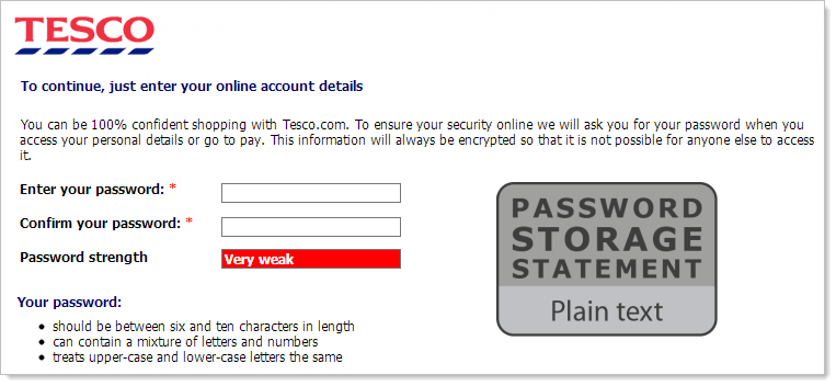 Tesco online's theoretical registration page Tesco online registration page with 'Password Storage Statement: Plain text' displayed