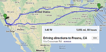 Map of trip between Fresno & New York 5856 miles round trip