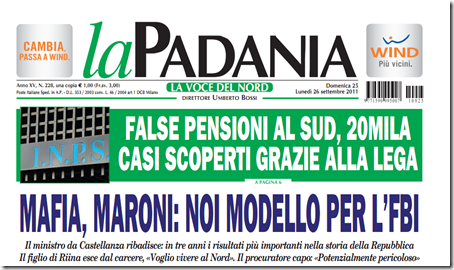 La prima pagina de 'La Padania' del 25 settembre 2011