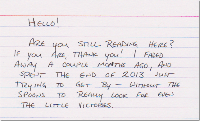 Hello! Are you still reading here? If you are, thank you! I faded away a couple months ago, and spent the end of 2013 just trying to get by - without the spoons to really look for even the little victories.