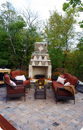 outdoor fireplace with seating