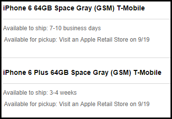Apple Storen (US) saatavuustietoja iPhone 6 ja iPhone 6 Plus puhelimille