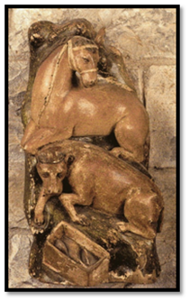 Buey y mula en Retablo de la Adoración de los Reyes Magos del sig. XIV