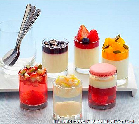 The Icing Room dessert shooters Blueberry Panna Cotta, Strawberry, Peach, Macaron Ispahan, Strawberry Kirsch Jelly, Lychee Jelly