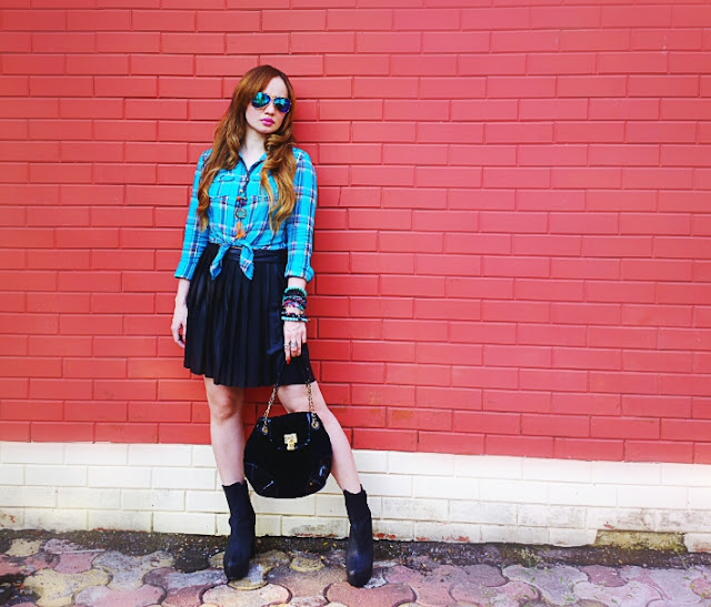 Plaid Shirt & Leather Skater Skirt 