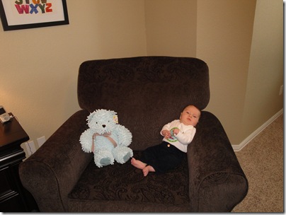 9.  Knox with Bear in chair at 2 months