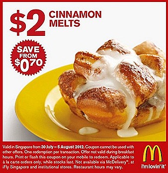 Mcdonalds $2 Offer Cinnamon Melts McCafe Latte Frap Hot chocloate $3 Quarter Pounder Burger Cheese $2 Chicken Nugget 6 piece Curry sauce sweet and sour sauce Sausage Mcmuffin Egg McMuffin breakfast hours July August french fries