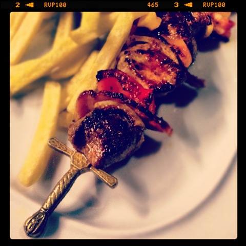 Day #159 of #project366 - beautifully cooked rump steak skewer with bacon, onions and peppers