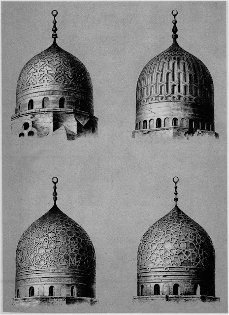 Domes: Although Prisse attributes stylistic significance to domes, he treats them randomly and not as reflective of transfers and adaptations of building technology. These four designs, though essentially linear, embody dense, fleshy arabesques typical of later Mamluke domes.