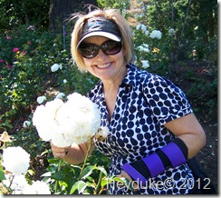 Sharon in the rose garden with new splint