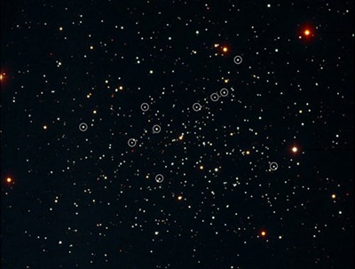 aglomerado NGC 188 com as estrelas vampiras circuladas