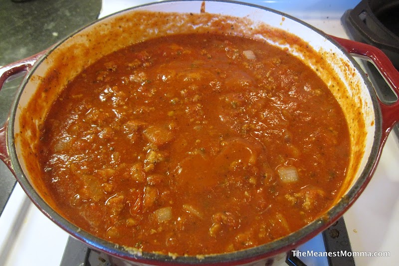 Hearty Spaghetti Sauce over Baked Spaghetti Squash | The Meanest Momma