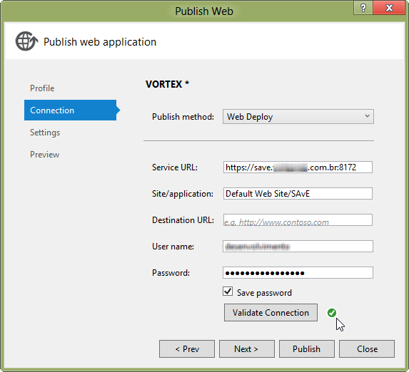 Visual Studio 2012 Publish project with Web Deploy and successful connection validation