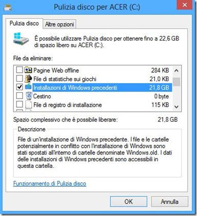 Pulizia disco eliminare Installazioni di Windows precedenti