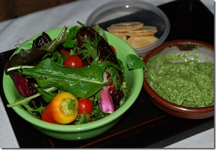 Home grown lunch... Freshly picked salad + wild greens dip