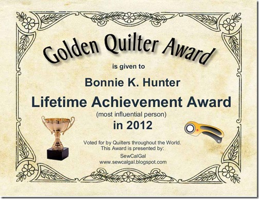 2012 Golden Quilter Awards Certificate-Lifetime Achievement Award