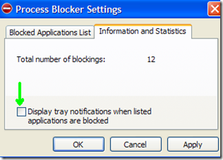 Process Blocker disattivare la visualizzazione di divieto avvio programma bloccato