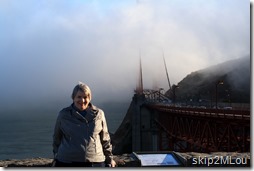 Oct 21, 2013: Mary Lou in front of a foggy Golden Gate Bridge