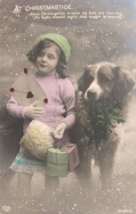 vintage postcard Christmastide girl w dog letter
