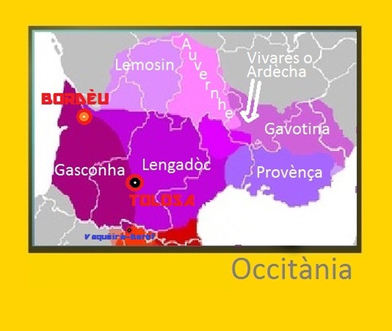 Mapa d'Occitània  Bordèu Tolosa Vaquèira Beret