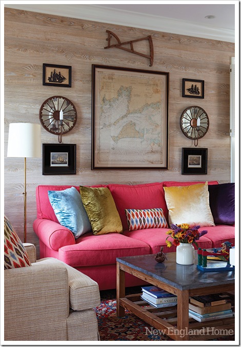 Faux wood wallpaper by Nobilis covers the walls in the family room.