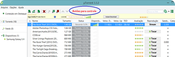 Tela do uTorrent: no menu superior, estão os botões para controle: pausar, executar, excluir, entre outros.