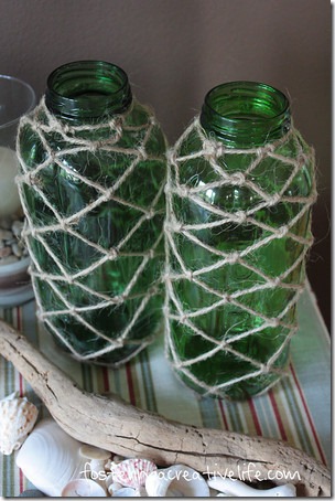 Green glass jars with knotted jute net accents
