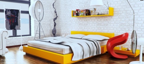 Dormitorio de moda: amarillo, rojo y blanco