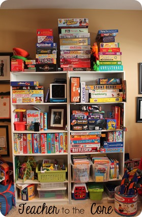 Game and toy storage- stack it to the sky and hope to avoid earthquakes