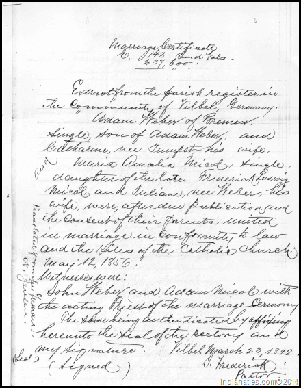 Weber Micol Marriage Record 1856