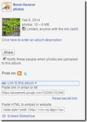Picasa Web Album, sharing an album direct link