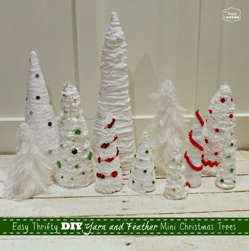 Easy-Thrifty-DIY-Yarn-and-Feather-Mini-Christmas-Trees-green-red-blue-at-thehappyhousie-1024x1024
