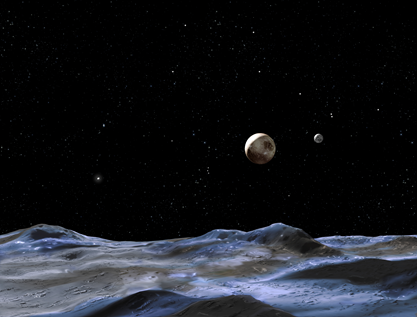 ilustração de Plutão e Caronte vistos de outra lua