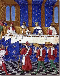 Banquet donn lors de la venue de l'empereur.  gauche Charles IV, au centre Charles V, et  droite Wenceslas le roi de Rome.