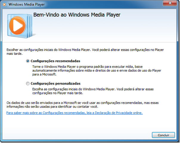 Bem vindo ao Windows Media Player