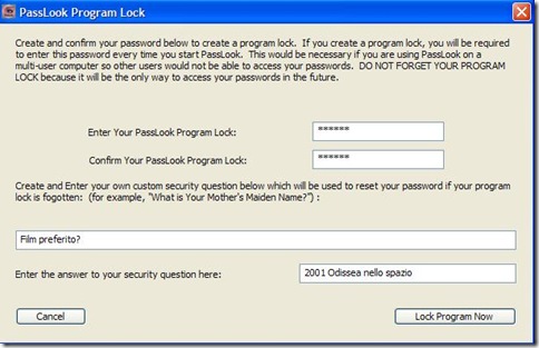 PassLook settare la master password