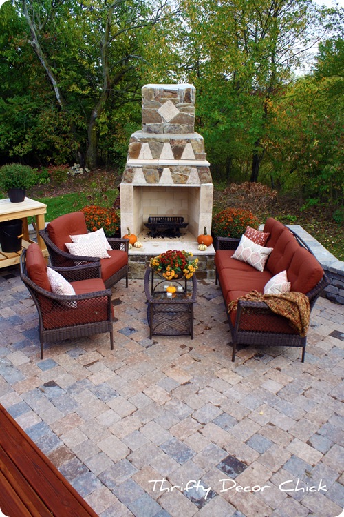 stone patio with fireplace