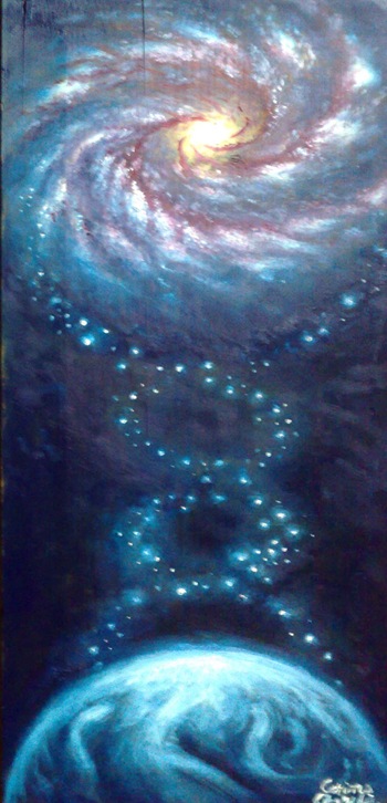 ADNul cosmic, spirala vietii pe Pamant si in galaxie, pictura ulei pe lemn - Oil on wood painting of the cosmic DNA the spyral of life on Earth and in the galaxy