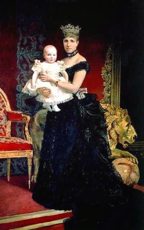 Retrato de la Reina Vda. María-Cristina de Austria-Lorena, Regente de España, con su hijo el rey Alfonso XIII en brazos, en 1887.