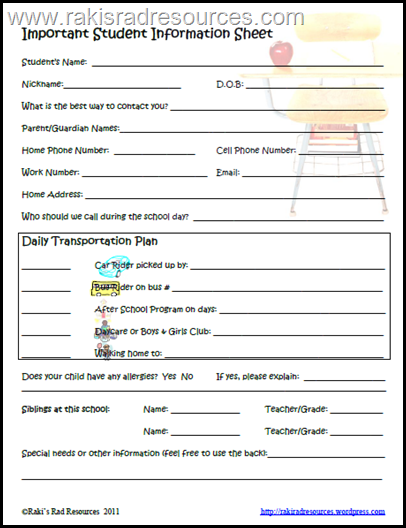 Important Student Information Sheet - great for back to school - free from Raki's Rad Resources