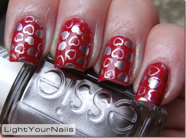 Nailmode Red Gaia stamped with DRK-A plate and Essie Nothing Else Metals