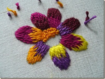 Long & Short Stitch Flower - stitching in only one direction against the S twist