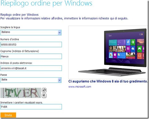 Riepilogo ordine per Windows 8