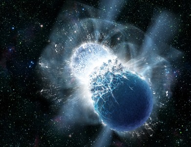 ilustração mostra a colisão das estrelas de nêutrons